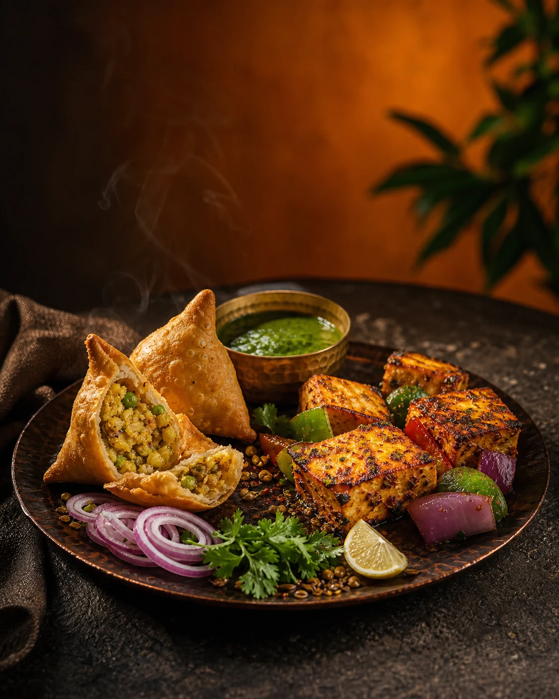 Samosas und Paneer Tikka auf einer Kupferplatte